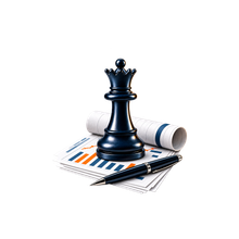 Black chess queen on financial charts and plans, representing rigour and disciplined analysis