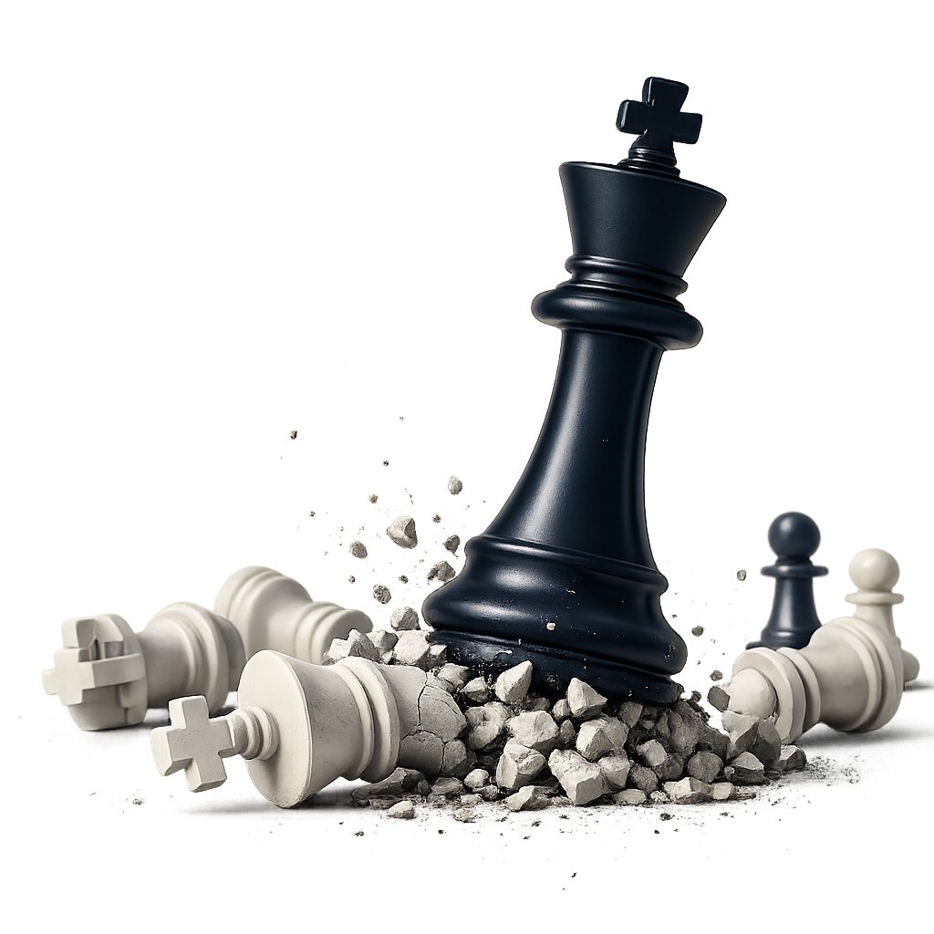Black chess piece crushing white pieces to represent strategic financial strength and decisive action