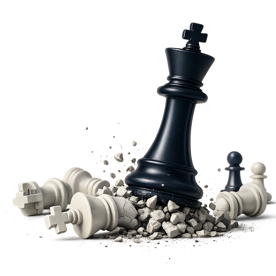 Black chess piece crushing white pieces to represent strategic financial strength and decisive action