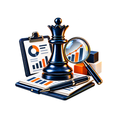 Black chess queen with financial reports and magnifying glass representing strategic review and business analysis