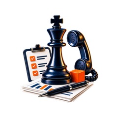 Black chess king with telephone, checklist and financial documents representing a focused strategy call