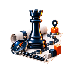 Black chess rook with compass and mapped route representing Valkrest roadmap and strategic direction
