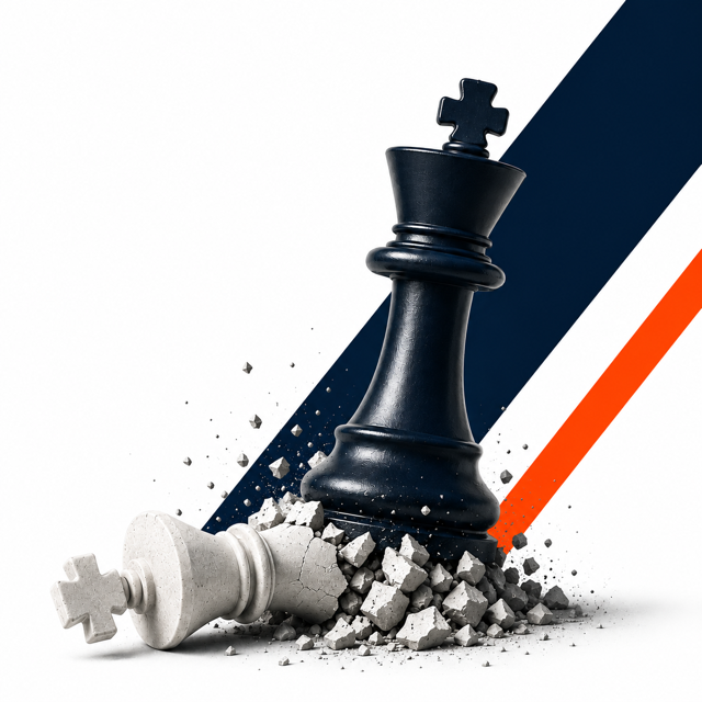 Black chess piece crushing white pieces to represent strategic financial strength and decisive action