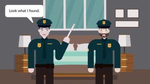 Two police officers in uniforms stand in a bedroom. One points a baton and says, 
