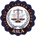 A circular dark blue badge featuring a central scale of justice, a star, laurel leaves,