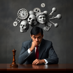 A person in a suit sits at a desk with a chess piece, surrounded by surreal floating objects like skulls and a clock.