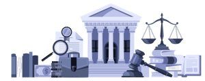 A blue-toned graphic featuring a courthouse, a gavel, a scale of justice, books, a magnifying glass, and a briefcase.