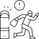 A black-and-white line icon showing a person running away with a bag next to a triggered alarm symbol.
