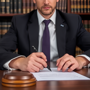 A person in a suit and purple tie signs a document at a desk with a wooden gavel, backed by a library of law books.