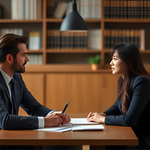 Two professionals in business attire sit opposite each other at a desk, engaged in a formal meeting in a library office.