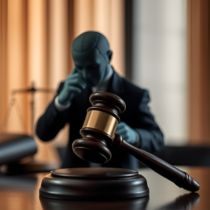 A wooden gavel rests on a base in the foreground, with a blurred legal professional speaking on a phone in the background.