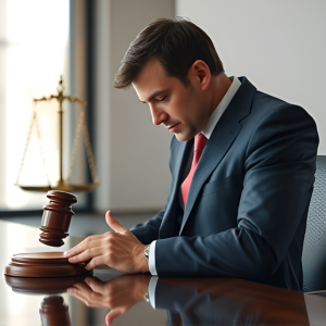 A professional in a suit sits at a desk with a gavel and a scale of justice, appearing to strike the gavel down.