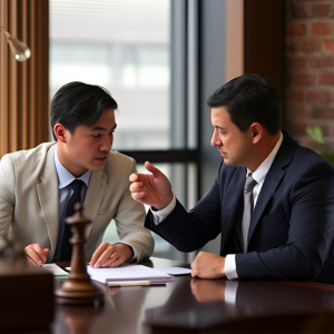 Two professionals in suits discuss a document at a desk with a chess piece in a dimly lit office setting.