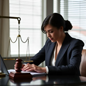 A person in a professional suit sits at a desk with a gavel and scales of justice, looking down at a document.