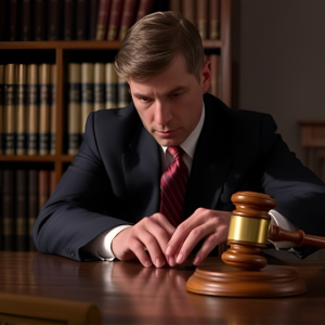A person in a suit and tie sits at a desk with a wooden gavel, appearing thoughtful in a law library setting.