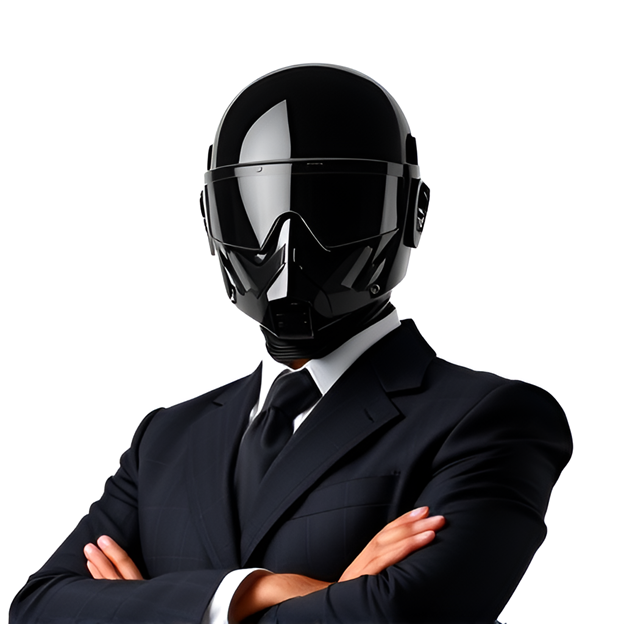 A person in a black suit and tie wearing a glossy black full-face helmet with arms crossed against a white background.