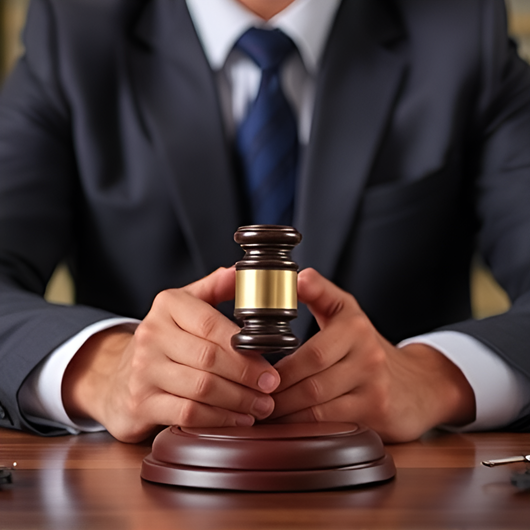 A person in a suit and tie sits at a desk with their hands positioned around an upright wooden gavel and sound block.