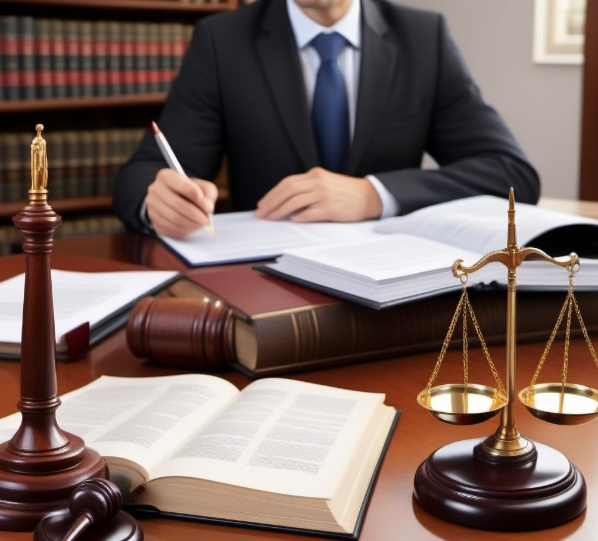 A person in a suit writes at a desk in a law office, surrounded by books, a gavel, and a balance scale of justice.