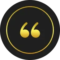 A gold quotation mark icon centered on a black circular background with a thin gold border.