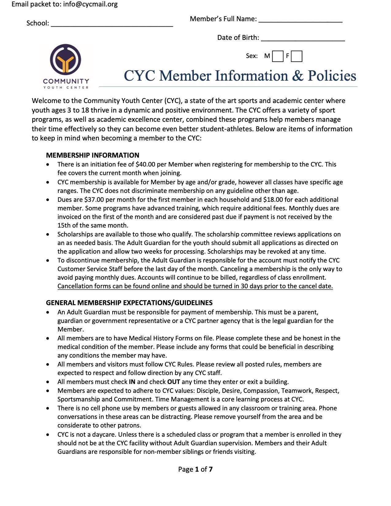 CYC Member Information & Policies form page with logo and dense bullet-point text
