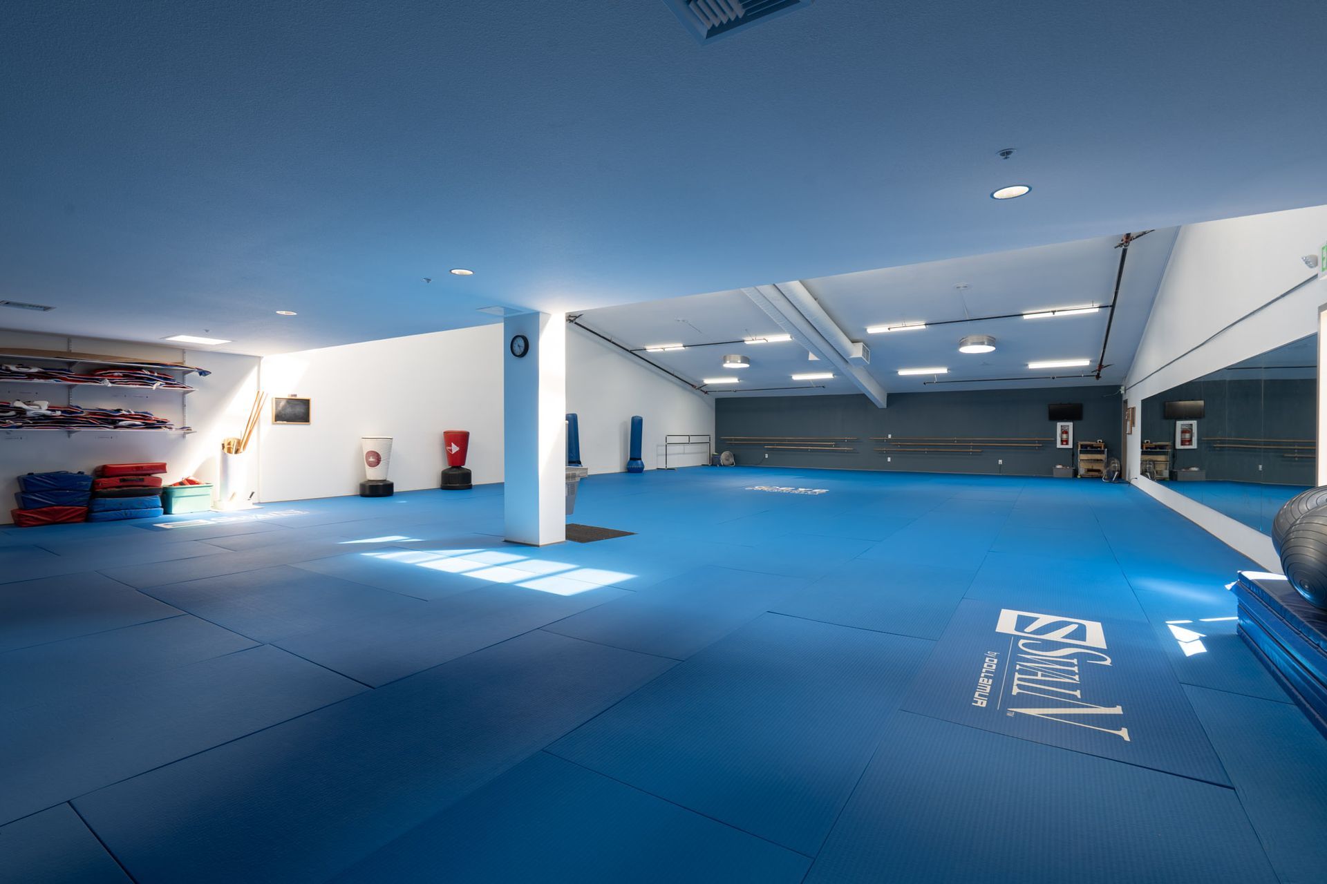 Empty blue-floored martial arts training room with mats, mirrors, and fluorescent lights