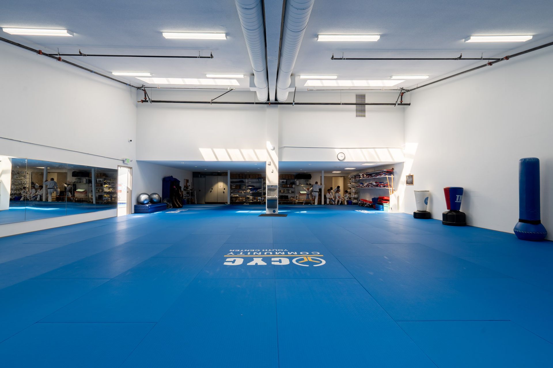 Empty martial arts studio with blue mats and white walls, lit by overhead fluorescent lights