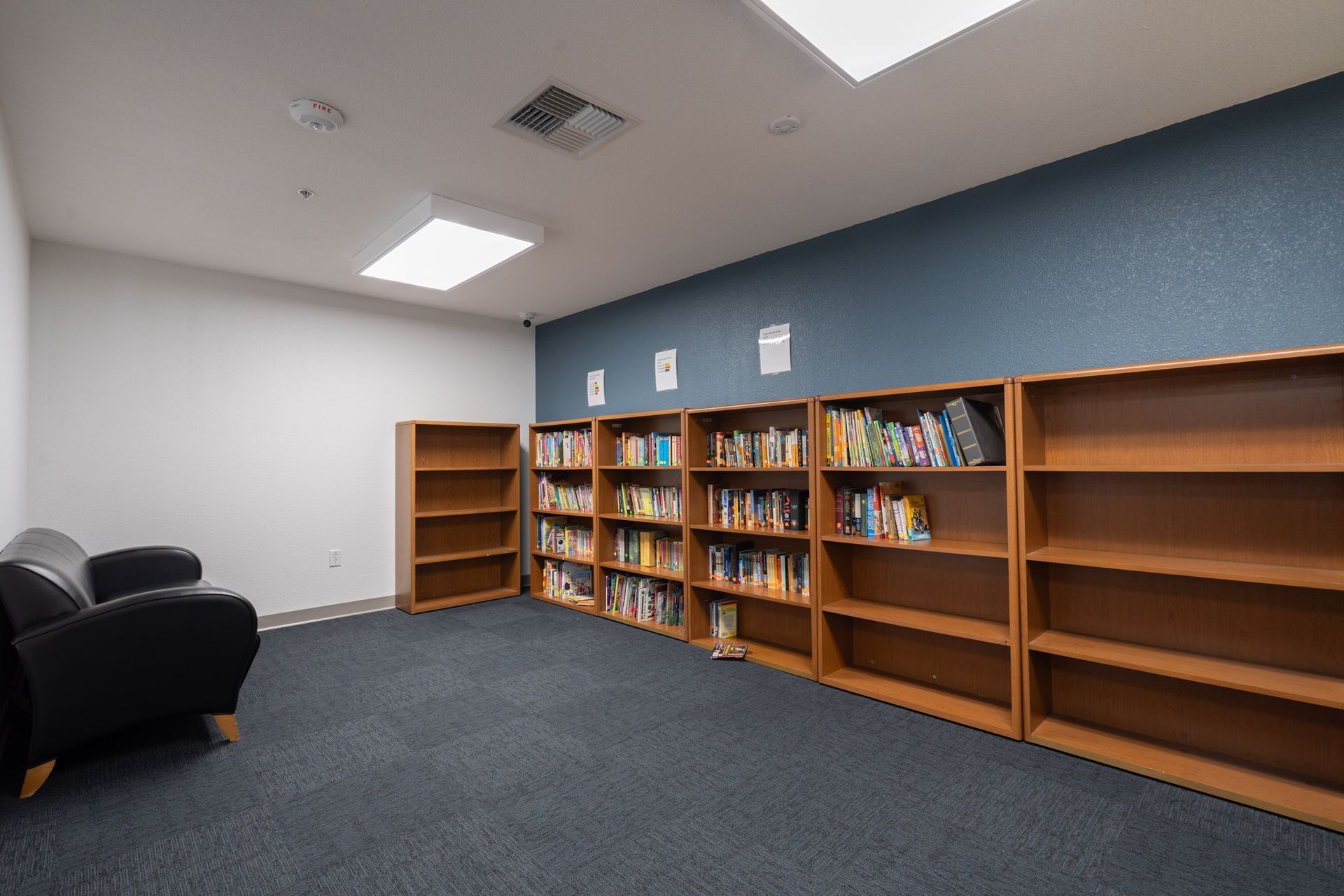 Empty library room with wooden bookshelves, dark carpet, and a black armchair against gray and blue walls