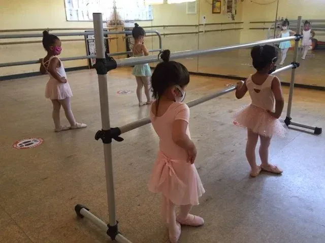 Children in pink ballet outfits practicing at the barre in a dance studio