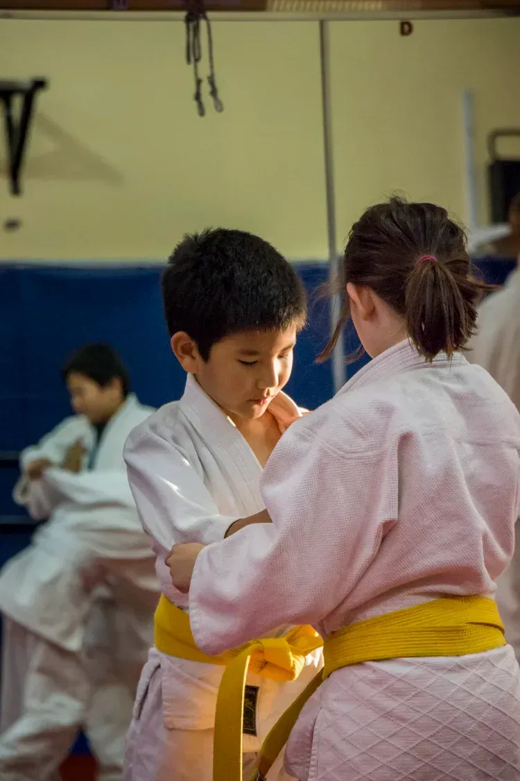 Two judo students in white gis with yellow belts practicing a hold on a mat.