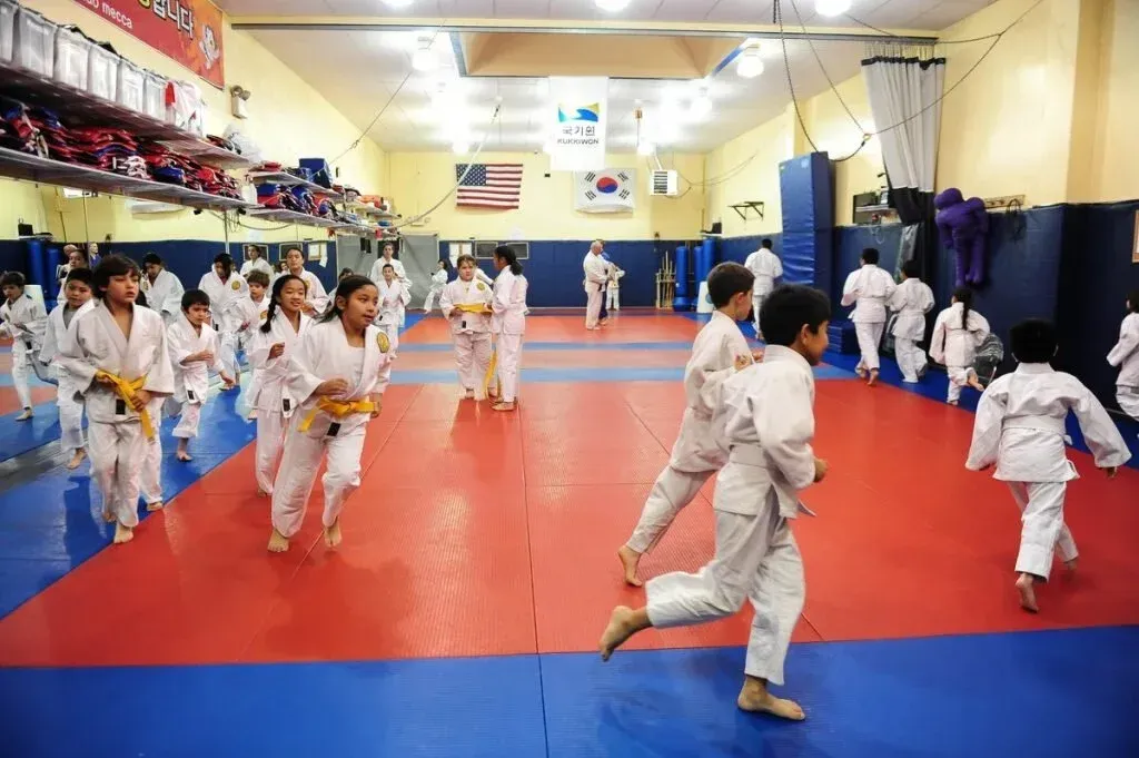 Children practicing martial arts on red mats in a bright gym, with flags on the wall.