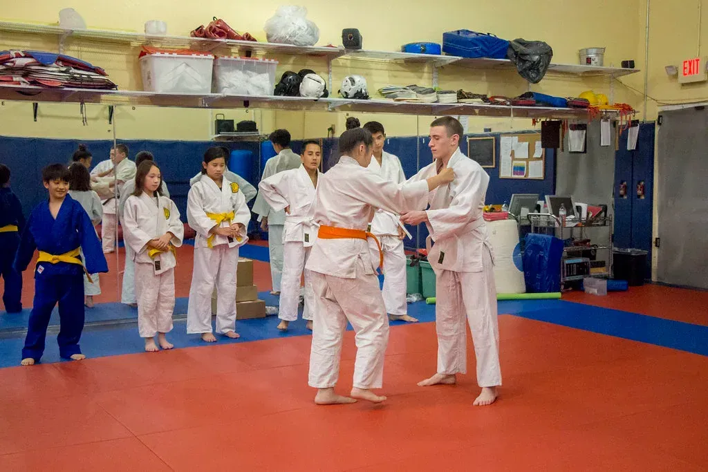 Martial arts class on red mats, students in white uniforms practicing in a gymnasium