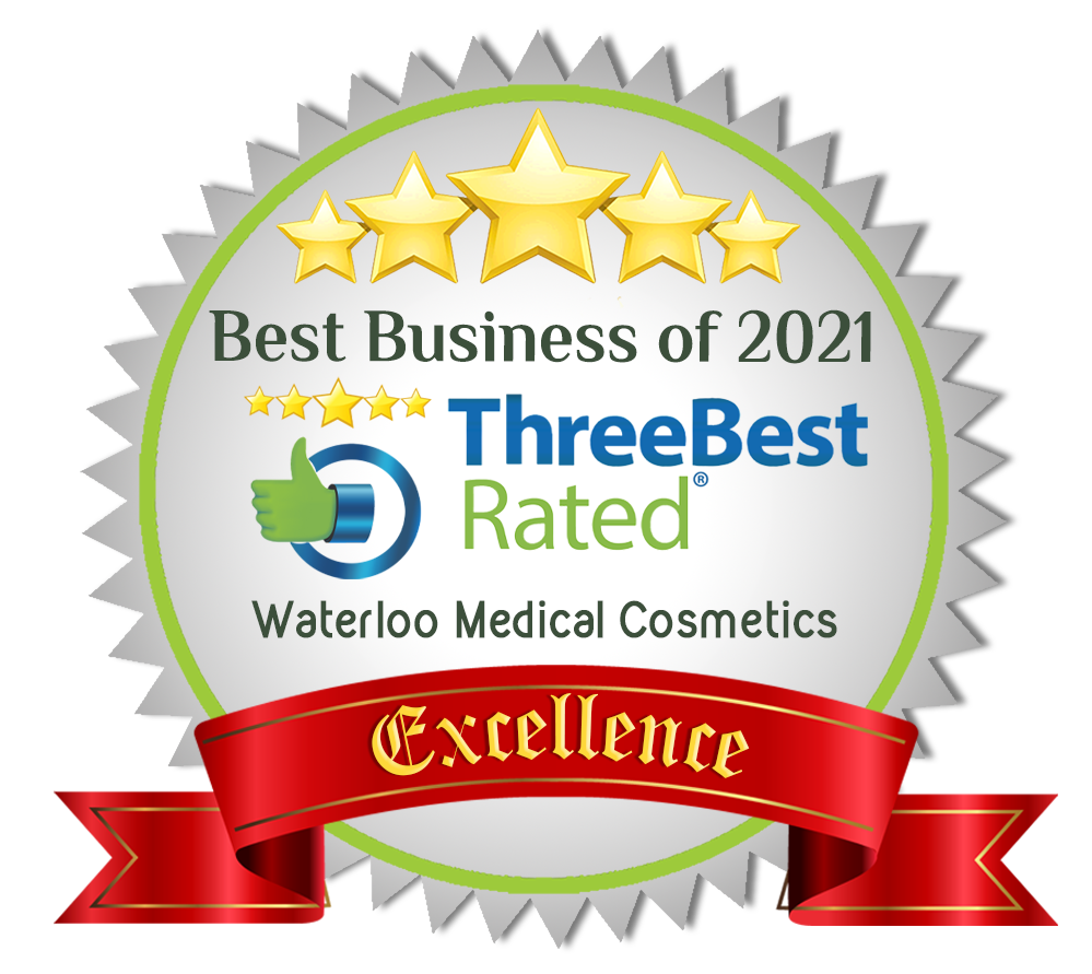 Best Business of 2021 ThreeBest Rated badge with red Excellence ribbon for Waterloo Medical Cosmetics