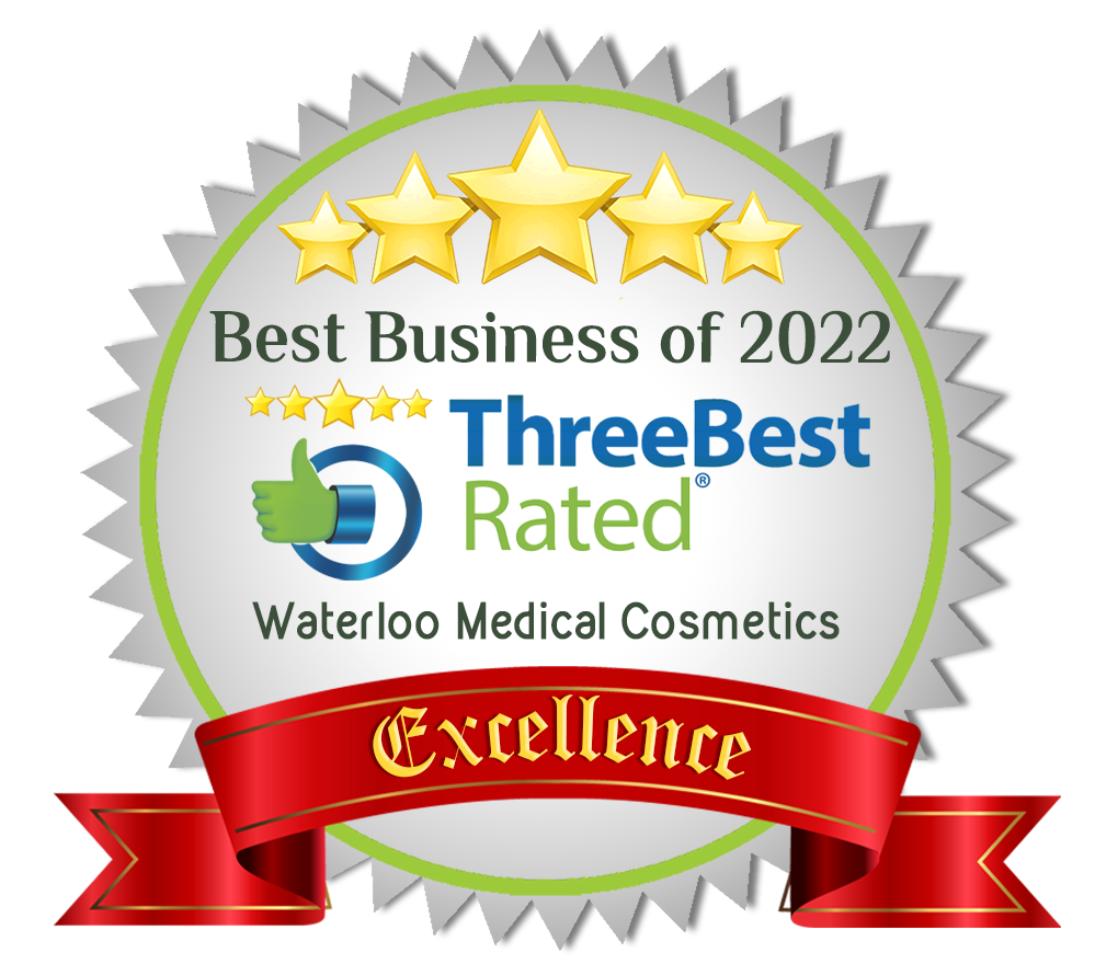 Best Business of 2022 badge for Waterloo Medical Cosmetics, with stars, ThreeBest Rated, and a red Excellence ribbon