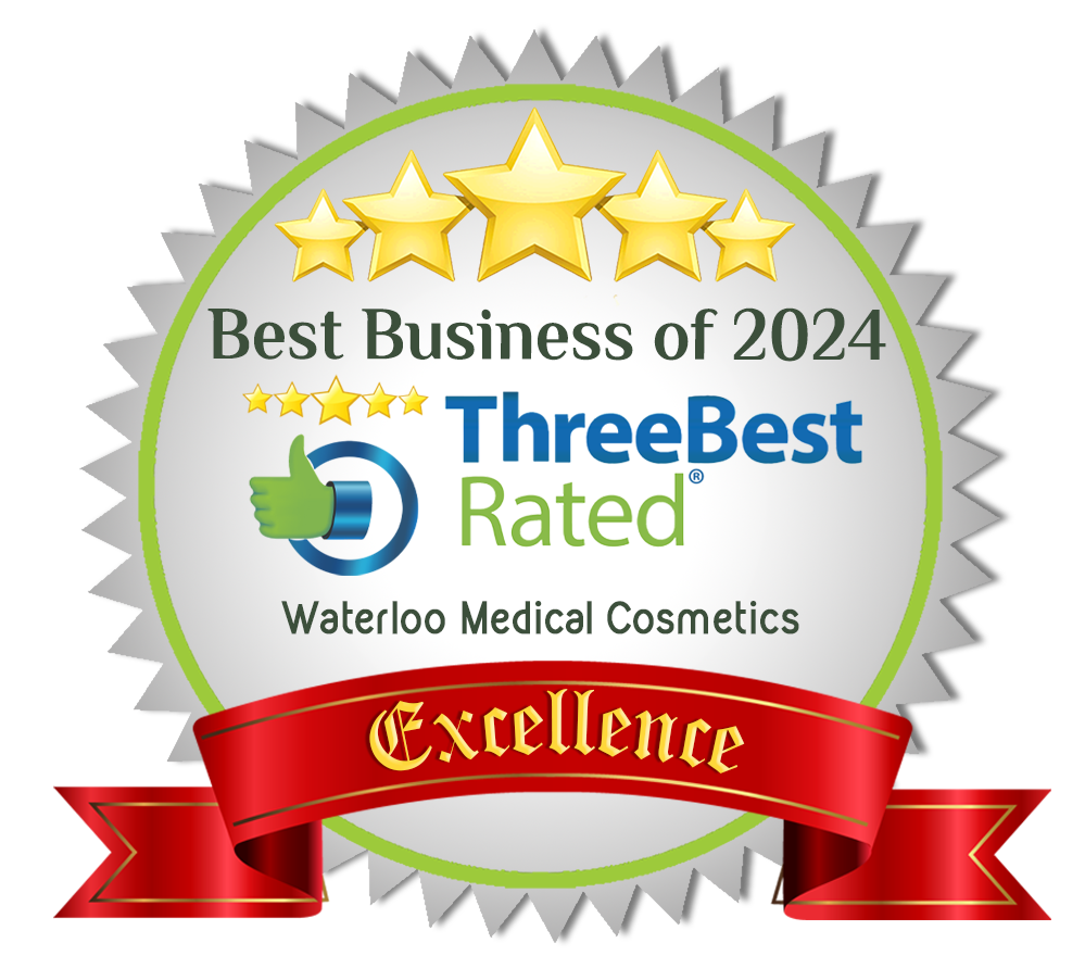 Best Business of 2024 ThreeBest Rated award badge for Waterloo Medical Cosmetics, with red Excellence ribbon