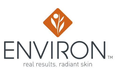 ENVIRON logo with orange leaf icon and tagline “real results. radiant skin”