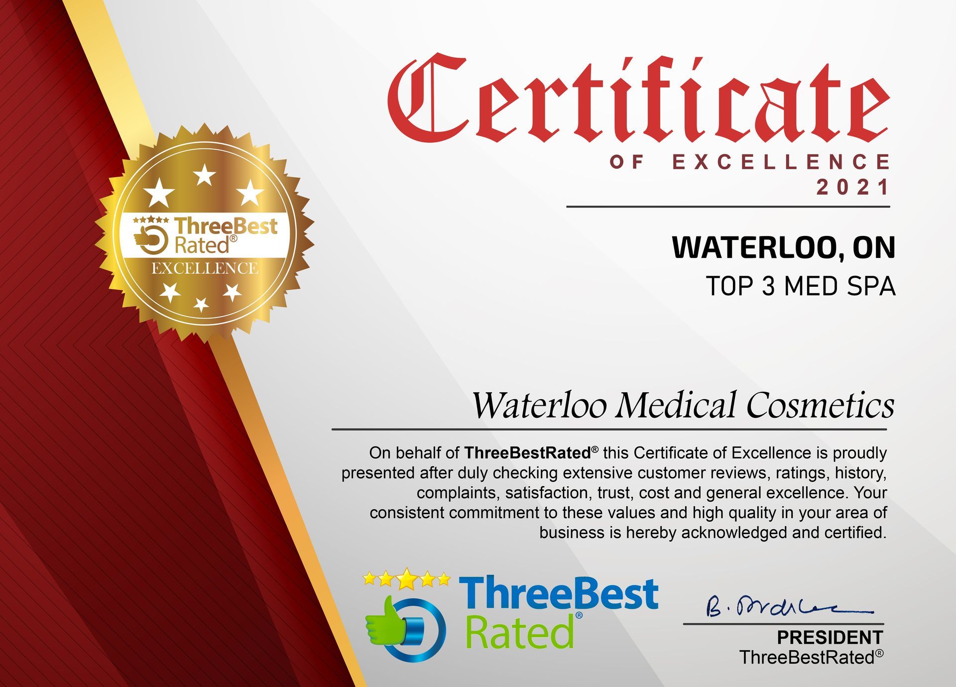 Certificate of Excellence 2021 for Waterloo, ON Top 3 Med Spa, ThreeBestRated badge on red-gold background