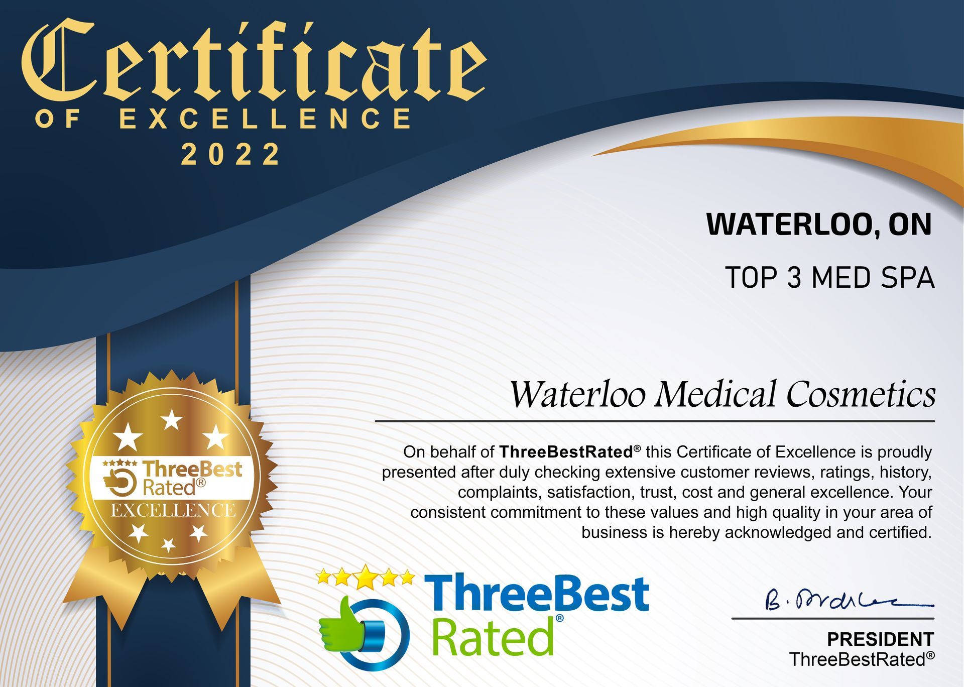 A certificate of excellence for waterloo medical cosmetics