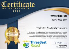 Certificate of Excellence 2023 for Waterloo Medical Cosmetics, Waterdown, ON, with ThreeBestRated logo and gold ribbon