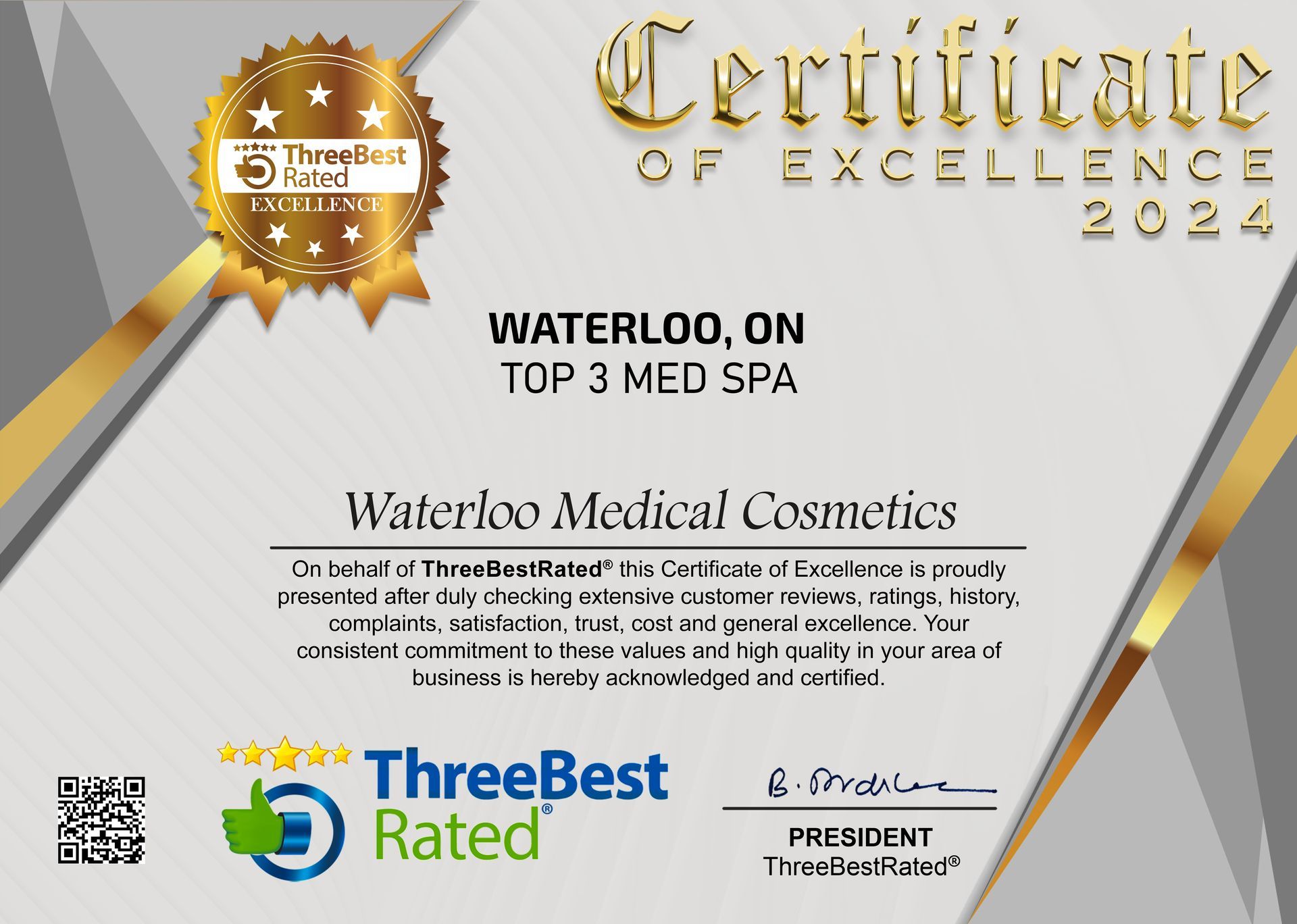 A seal that says best business of 2024 three best rated waterloo medical cosmetics excellence