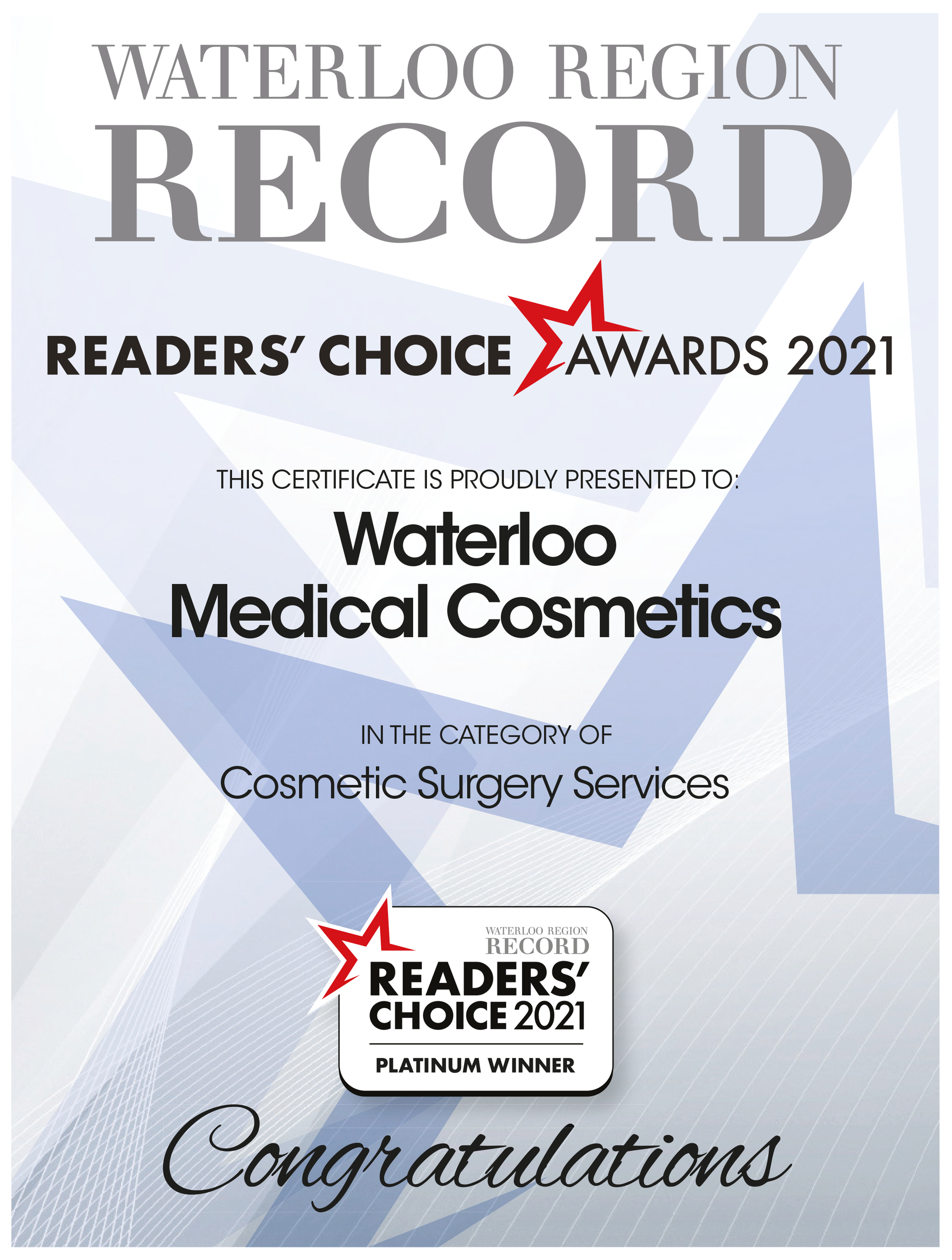Waterloo Region Record Readers’ Choice Awards 2021 certificate for Waterloo Medical Cosmetics and Cosmetic Surgery Services