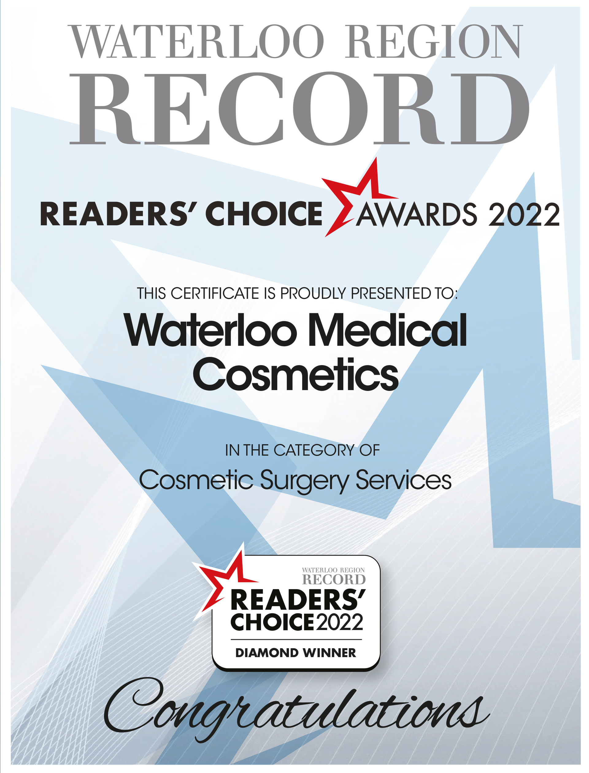 Waterloo Medical Cosmetics congratulation ad with Water Region Record Readers’ Choice Awards 2022 badge