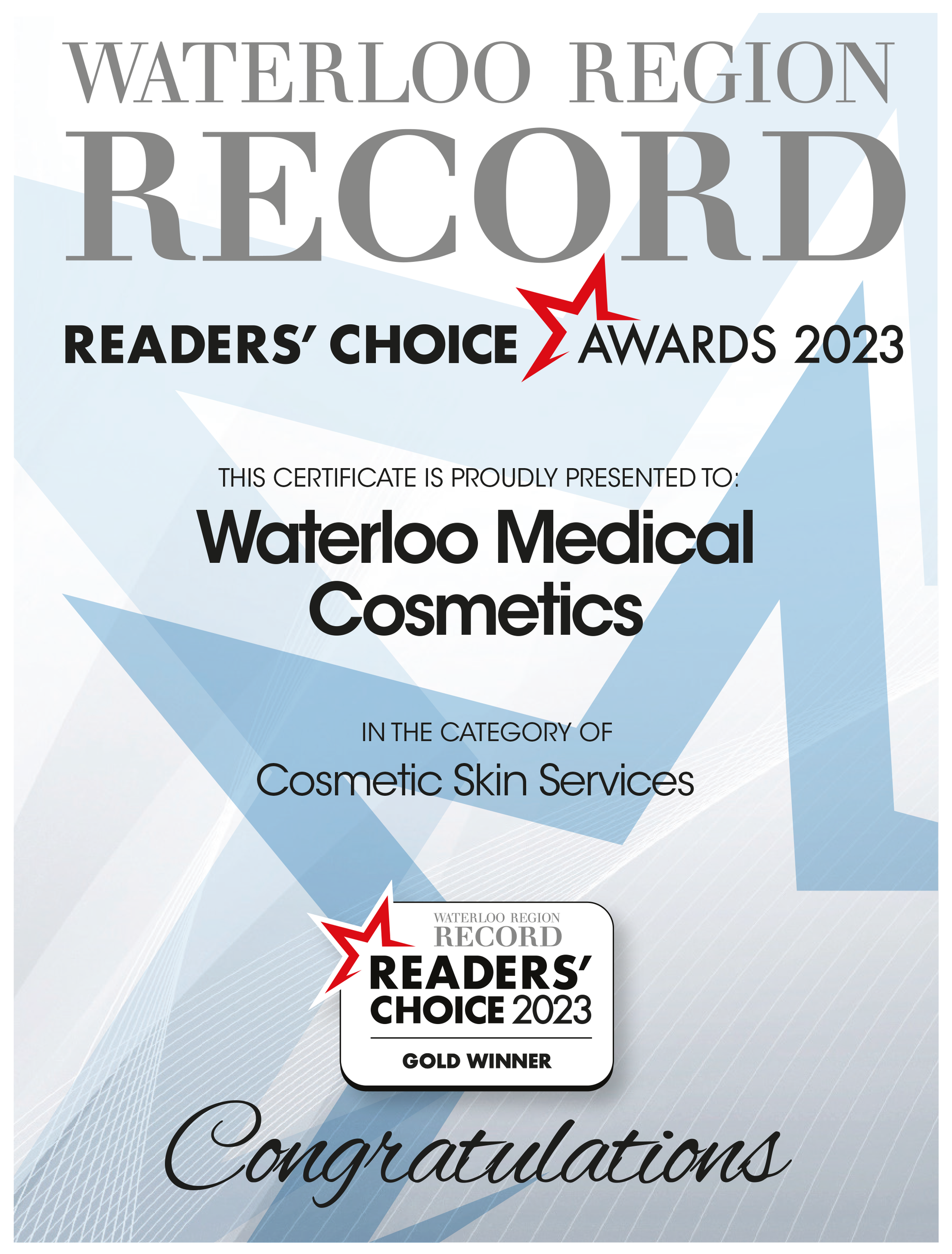 Waterloo Region Record Readers’ Choice 2023 award for Waterloo Medical Cosmetics, with “Congratulations” text