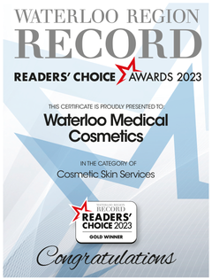 Waterloo Region Record Readers’ Choice Awards 2023 ad for Waterloo Medical Cosmetics, bold blue and white design
