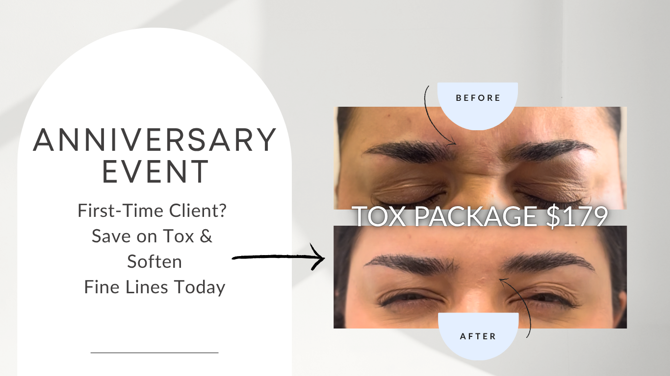 Anniversary event promo with facial package before-and-after images and text about first-time client savings