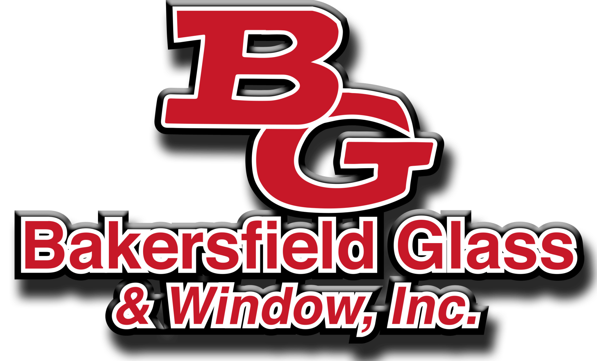 The logo for bakersfield glass and window inc. is red and black.