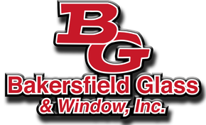The logo for bakersfield glass and window inc. is red and black.