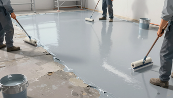 “Crew applying smooth gray epoxy coating over a prepared floor surface for an epoxy flooring contractor in Waterbury, CT”