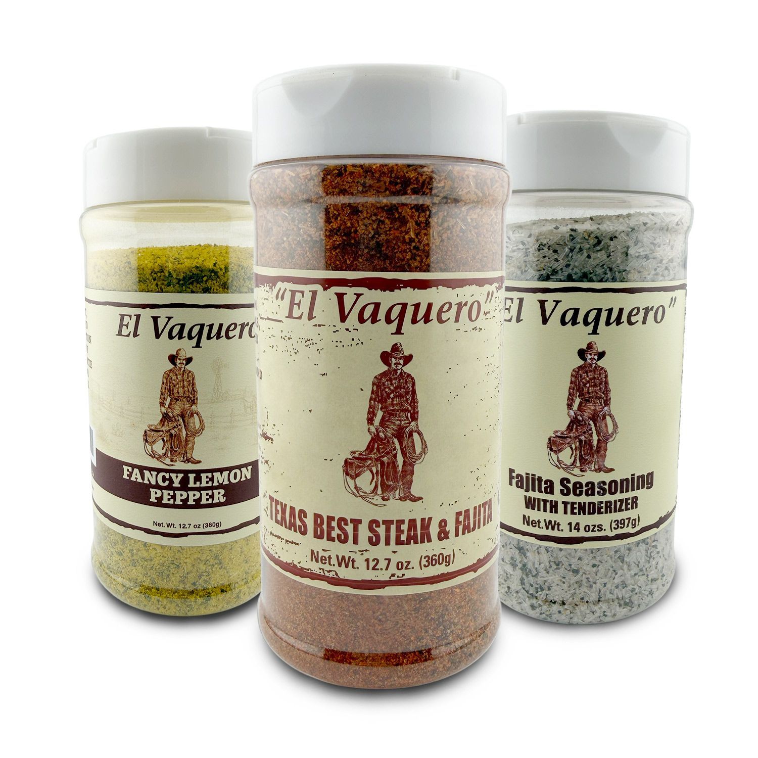 Three El Vaquero seasoning bottles: black pepper, steak & fajita, and poultry seasoning.