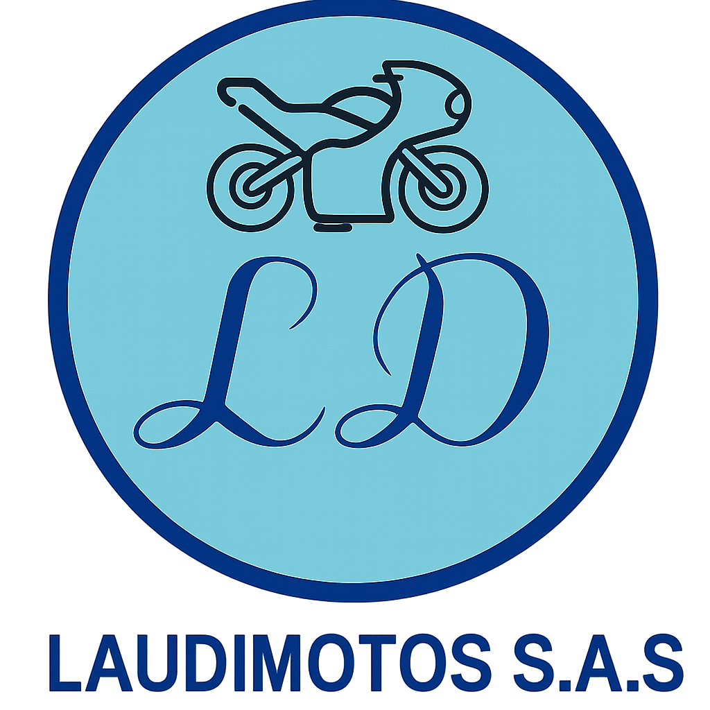 Logotipo circular azul con una motocicleta y “LD” encima del texto “LAUDIMOTOS SAS”.
