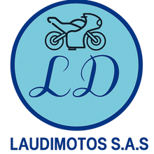 Logotipo circular azul con una motocicleta y “LD” encima del texto “LAUDIMOTOS SAS”.